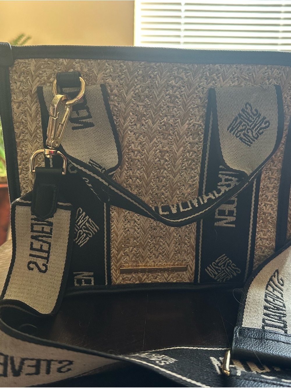Woven Straw Tote with Black Trim and Branded Canvas Straps